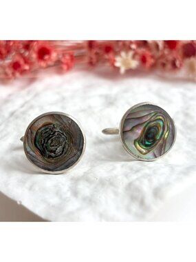 Abalone Inlaid Round Taxco, Mexico Made Sterling Silver 925 Men's Cufflinks